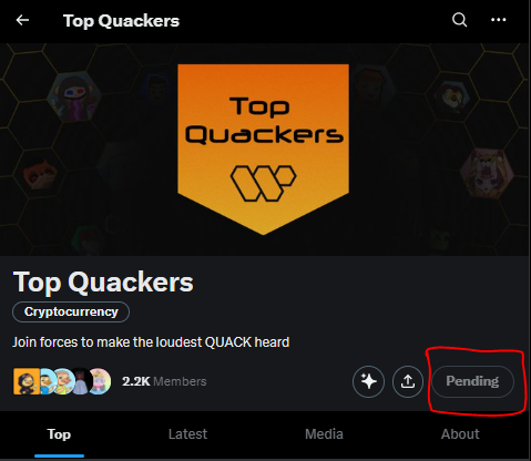 The image shows a screenshot of a social media post from the Top Quackers group, which appears to be a discussion or a topic related to top quackers, a cryptocurrency. It features a small section with a yellow background containing the text "Top Quackers" and an orange banner with a logo on it. The main content is in black at the bottom of the image, discussing joining forces with the largest quadrarium group in the world. There are two options presented: one for joining the conversation and another for ending the discussion if the account has been cancelled or suspended. A button labeled "Pending" is also present on this section, possibly indicating a decision that has not yet been made by the user. The overall image suggests an active discussion within the Top Quackers community about their main project or a related topic in cryptocurrency matters.