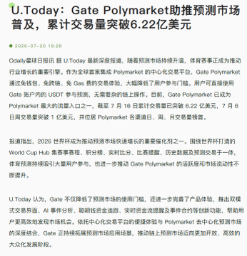 U.Today article in Chinese about Gate Polymarket's prediction market growth, noting cumulative trading volume exceeding $622 million, dated 2026-07-20.