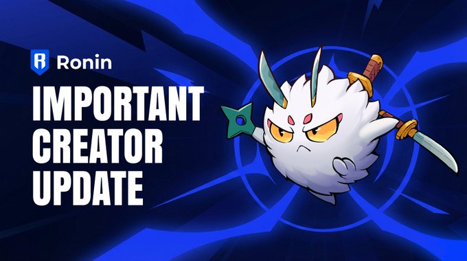 The image shows a promotional graphic for Ronin with the text "IMPORTANT CREATOR UPDATE" displayed alongside a menacing white, fluffy character wielding blades. The dark blue ninja-themed background and martial arts character match the post's call to action, drawing creators' attention to the urgent announcement shared in their Discord channel.