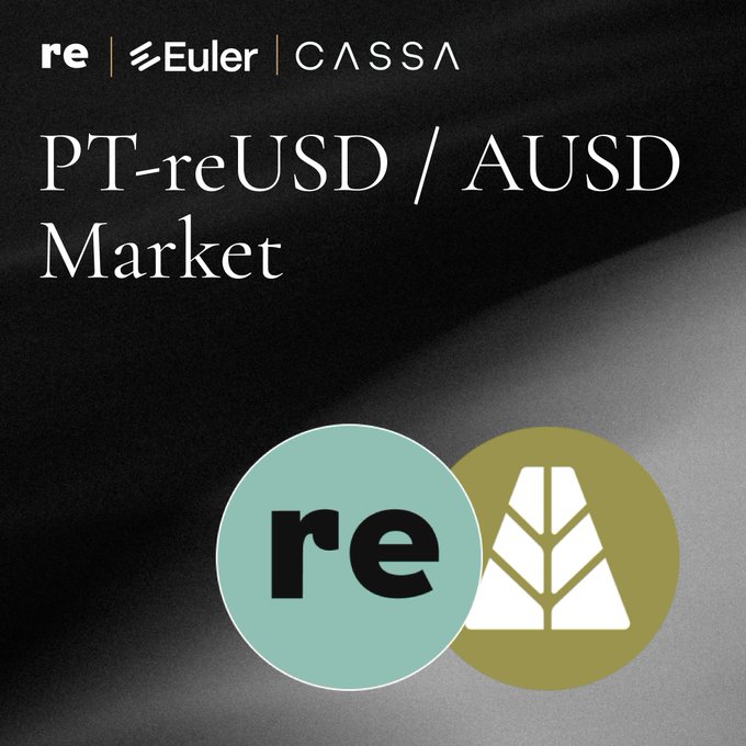 The image features a black background with white text that reads "PT-reUSD/AUSD Market" at the top, followed by an explanation of the PT-reUSD/AUSD market. Below this information, there are two circles on the right side of the image - one is green and the other is yellow. The caption below these circles states "reUSD connects onchain capital to fully reinsurance contracts".