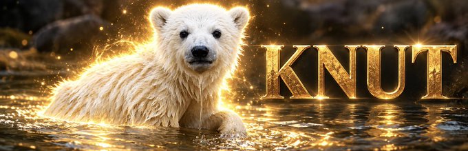A polar bear partially submerged in water with glowing, magical sparkles around it, positioned next to the name "KNUT" in large golden letters.