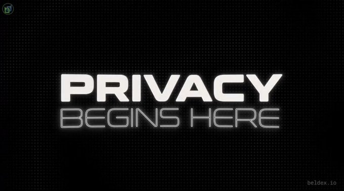 The image displays the text "PRIVACY BEGINS HERE" in bold white letters against a dark, pixelated background, with "beldex.io" visible in the bottom right corner. It serves as a header emphasizing the importance of privacy awareness, complementing the post's message about how metadata—such as communication patterns and timing—can expose sensitive information even when messages are encrypted.