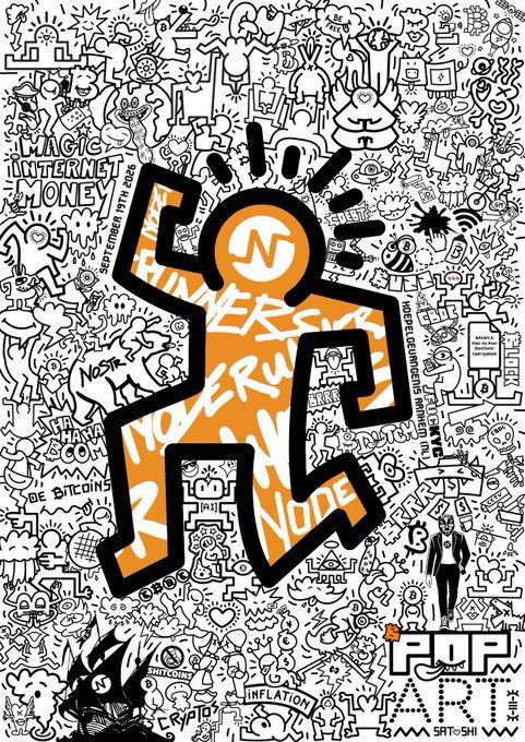 Pop art featuring a Keith Haring-style orange figure surrounded by black-and-white doodles, with visible text including "MAGIC INTERNET MONEY", "YOU ARE RUNNING A NODE", "DE BITCOINS", and the website "POP.APP".