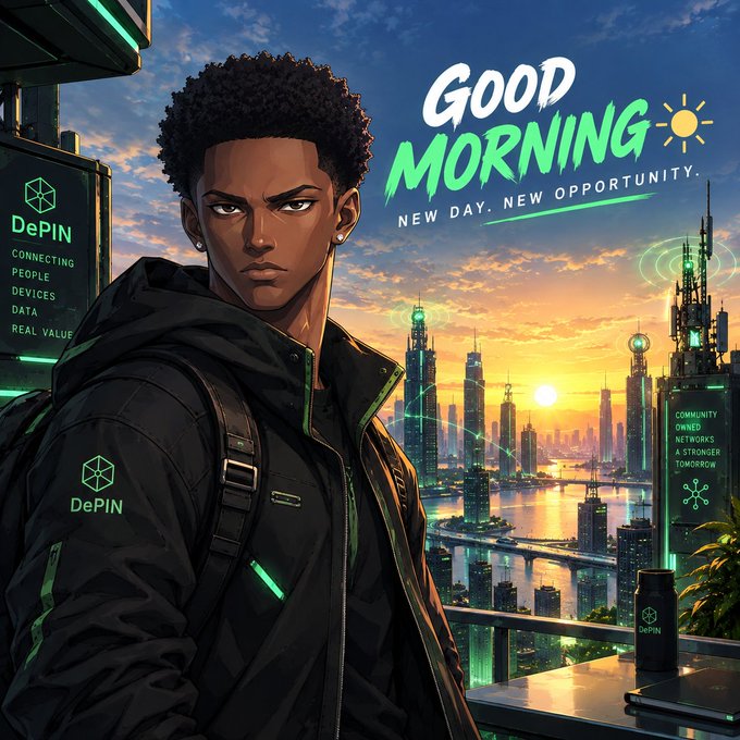A stylized image shows a person wearing a 'DePIN CONNECTING PEOPLE DEVICES DATA REAL VALUE' jacket, with a futuristic city skyline and 'GOOD MORNING...' text in the background.