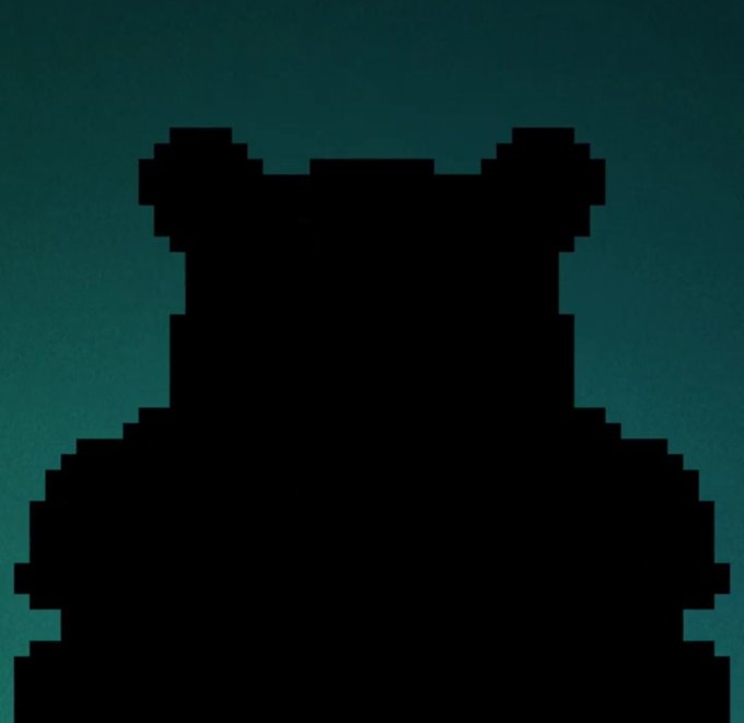 A dark silhouette of a pixelated bear-like character against a teal gradient background.