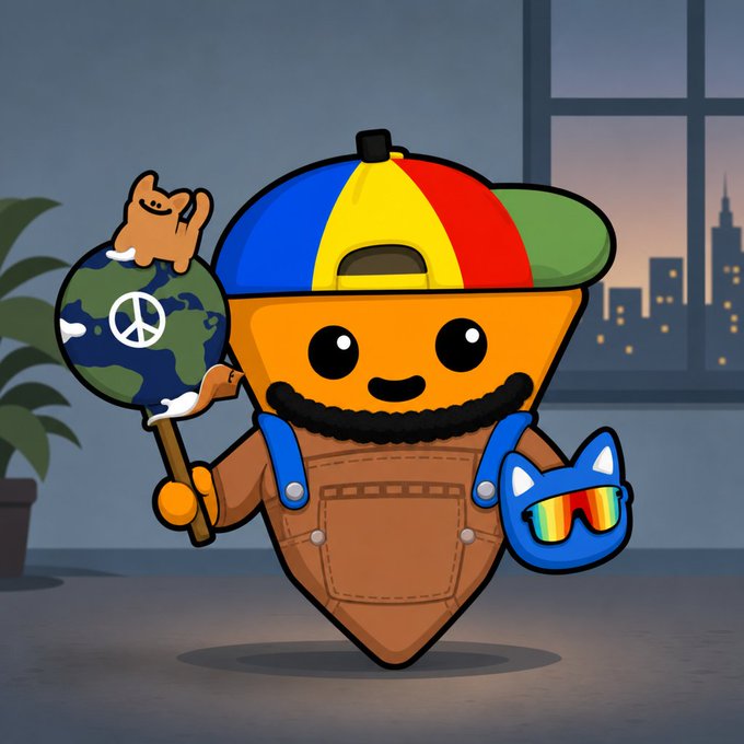 A cartoon character shaped like a spinning top, wearing a colorful propeller hat and brown overalls, holding a globe with a peace sign and a cat-shaped rainbow sunglasses case.
