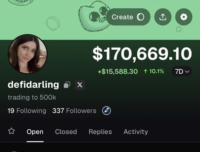 A screenshot of a trading profile for "defidarling" showing a portfolio value of $170,669.10 with a 7-day gain of +$15,588.30 (10.1%), with the bio "trading to 500k" matching her stated goal of reaching $500,000.