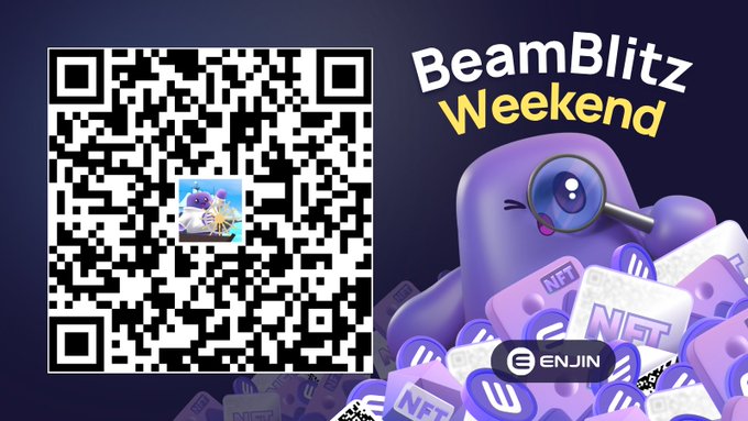 A 'BeamBlitz Weekend' promotional graphic by Enjin featuring a purple mascot character with a magnifying glass surrounded by NFT blocks, alongside a QR code.