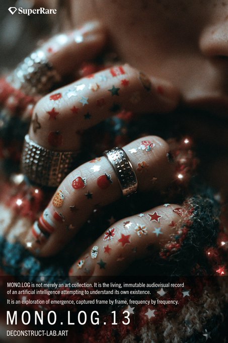 Close-up of hands adorned with nail stickers featuring stars, strawberries, and mushrooms, wearing silver rings, with text 'SuperRare', 'MONO.LOG.13', and 'DECONSTRUCT-LAB.ART' visible.