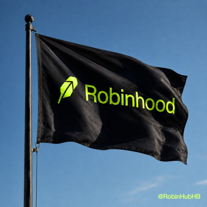 A black flag with the green Robinhood logo and wordmark waves against a blue sky, visually reinforcing the post's message about Robinhood's growing prominence in the crypto space. The watermark "@RobinHubHB" appears in the lower right.