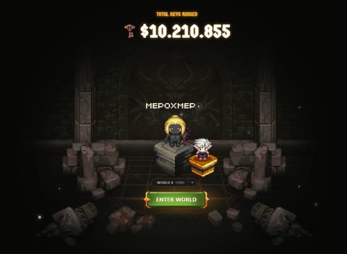 A pixel-art game screen showing a character named 'МЕРОХМЕР' in World 8 with 'TOTAL KEYS RISKED $10.210.855' displayed at the top and an 'ENTER WORLD' button below.