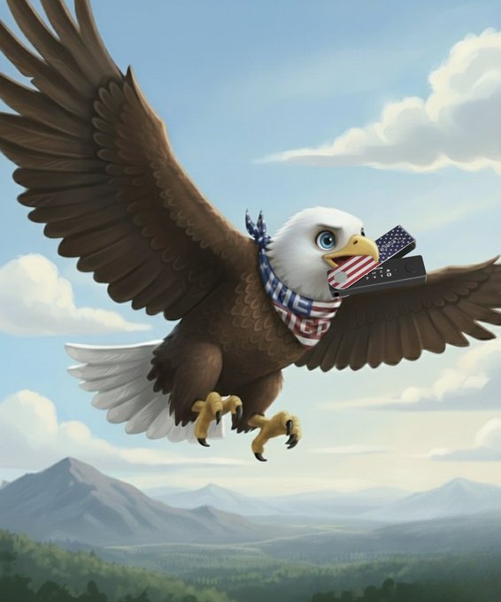 An AI-generated illustration of a bald eagle flying over a mountainous landscape, wearing an American flag scarf and holding an American flag in its beak.