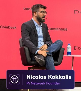Nicolas Kokkalis, founder of Pi Network, is shown seated on stage at the CoinDesk Consensus event, with his name and title displayed in a caption at the bottom of the image. The accompanying post questions the repeated posting of comics referencing him, suggesting confusion about the intent behind the recurring content featuring Kokkalis.