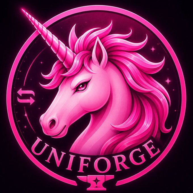 A pink circular logo featuring a unicorn head with the word 'UNIFORGE' written below it, set against a dark background with sparkle accents and an anvil symbol at the bottom.