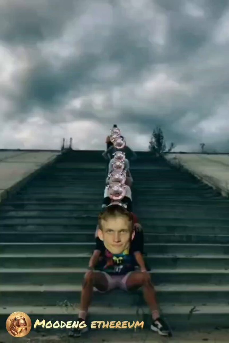 A composite meme image shows a stacked totem of ape-like figures (a popular crypto/NFT motif) sitting on a man's shoulders as he climbs a long staircase toward a cloudy sky, with "MOODENG ETHEREUM" displayed in yellow text at the bottom. The image visually reinforces the post's message of patient, humorously stoic accumulation ("stacking") during a bear market, with the rising staircase symbolizing the climb toward the next price leg up for $MOODENGETH / Moodeng.