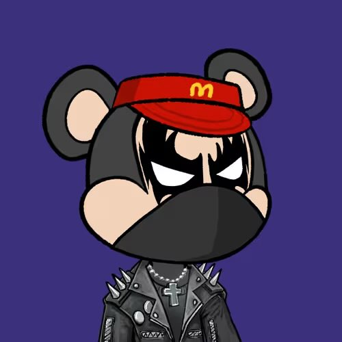 A cartoon bear character wearing a red McDonald's visor with the golden "M" logo and a spiked black leather jacket featuring a cross necklace, styled in a punk-rock aesthetic against a purple background—representing the user's rare NFT flex for the day.
