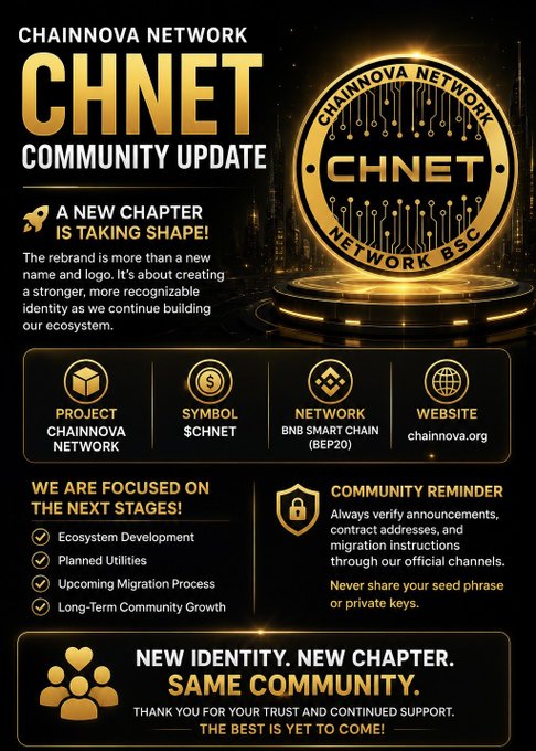 A 'ChainNova Network' CHNET community update poster announcing a rebrand, listing project details (ChainNova Network), symbol ($CHNET), network (BNB Smart Chain BEP20), and website (chainnova.org), while warning against sharing seed phrases or private keys.