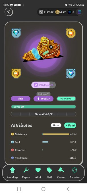 A mobile game screen showing an Epic-level Walker (Level 30) with attributes like Efficiency (6596.4), Luck (1571.2), Comfort (175.0), and Resilience (86.3), with options for Level up, Repair, Mint, Sell, Fusion, and Transfer.