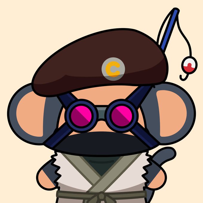 Cartoon character with a brown beret, pink sunglasses, and X-shaped body harness.