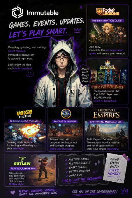 The image features a poster or flyer promoting an event, likely related to gaming. The poster has a person wearing a hooded jacket with cat ears standing out against a black background. The text on the poster includes phrases such as "Immutable Play", "Let's play smart!", and "Pocket events". The main focus of the image is the person in the hooded jacket, who appears to be the main attraction or central figure for the event being advertised.