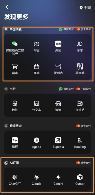 Mobile app interface in Chinese titled "发现更多" (Discover More), showing categories for Chinese consumption, transportation, travel (Trip, Agoda, Expedia, Booking), and AI subscriptions (ChatGPT, Claude, Gemini, Cursor).