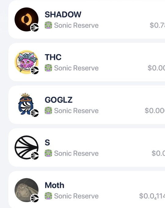 A cryptocurrency or NFT trading interface showing tokens labeled SHADOW, THC, GOGLZ, S, and Moth, all marked with 'Sonic Reserve' tags.
