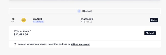 A dashboard showing claimable rewards of 11,295.236 scrvUSD (~$12,481.56) on the Ethereum network, with a total claimable amount of $12,481.56 and a "Claim all" button, illustrating the rewards users can earn by delegating their 10,000,000 vlCVX to Stake DAO.