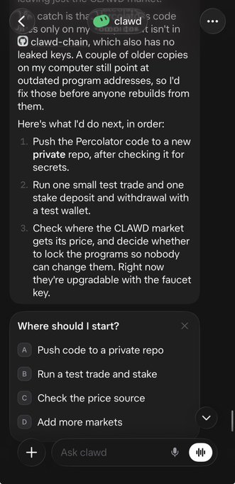 A dark-mode chat interface shows advice involving “clawed-chain,” including numbered steps about pushing “Percolator” code to a private repository and running test trades; multiple-choice options include “Push code to a private repo,” “Run a test trade and stake,” “Check the price source,” and “Add more markets.”