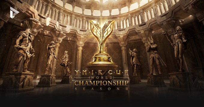 The image features a large golden trophy with the words "YMIRCUR" and "World Cup Championship Season 2" written above it, along with the phrase "250 Korean representatives are ready to battle at the YMIRCUR World Cup". The trophy is surrounded by several statues of knights in armor. In the background, there's a large room filled with more statues of knights, creating an atmosphere reminiscent of medieval times. The text also mentions that WEMADE has announced a fair competitive environment bridging the gap between the two teams and that a legend match will take place on February 28th.
