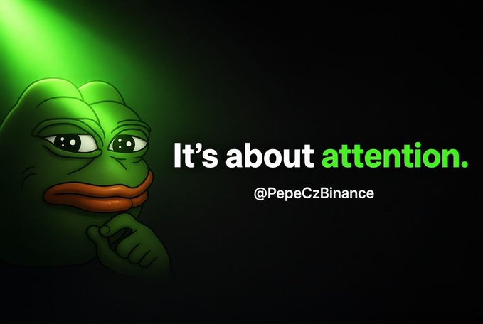 A graphic featuring a thinking Pepe the Frog meme illuminated by a green spotlight, with the text 'It's about attention.' and the handle '@PepeCzBinance'.