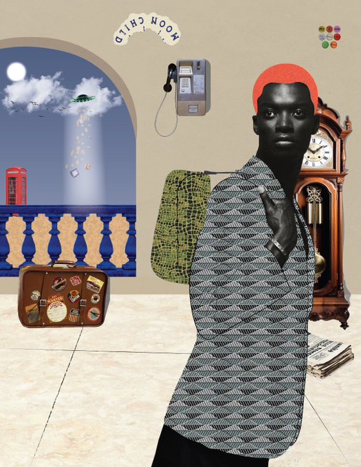 A figure with a red headscarf and patterned shirt stands in an eclectic surrealist scene featuring a doorway opening to a moonlit ocean view, a vintage telephone, a grandfather clock, and a suitcase covered in travel stickers, with the text "MOON CHILD" displayed upside down at the top—directly matching the title of the artwork "Moon Child" being auctioned on Transient Labs.