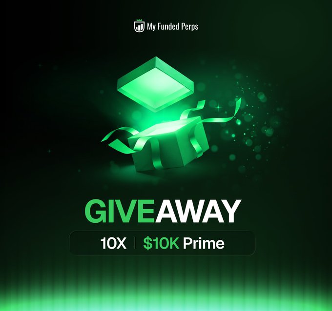 A promotional graphic from My Funded Perps advertising a giveaway with a 10X account and $10K Prime, featuring a glowing green gift box.