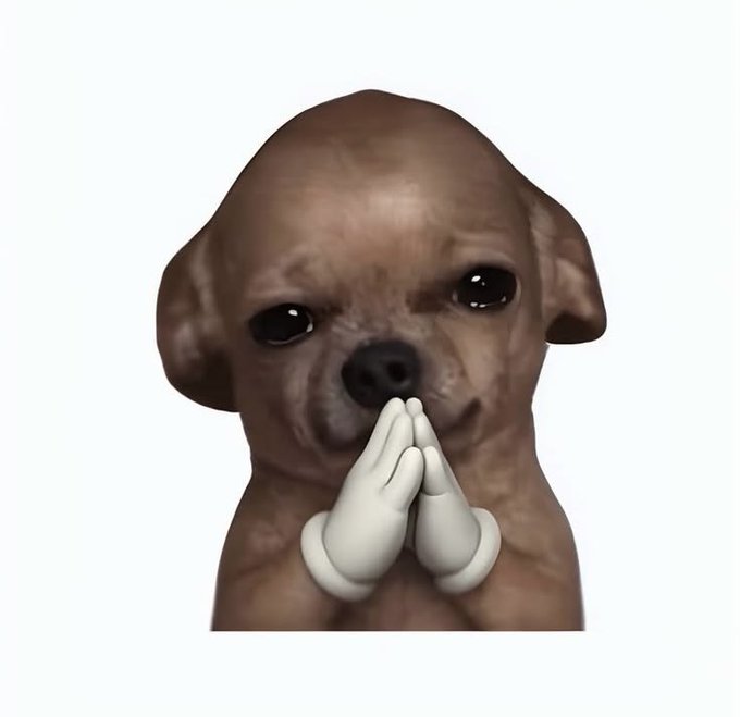 A 3D rendering of a small brown puppy with large dark eyes, its paws pressed together in a praying gesture against a plain gray background.