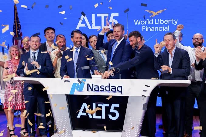 The image captures the celebratory Nasdaq IPO bell-ringing ceremony for ALT5 Sigma (ticker: ALT5), shown alongside the World Liberty Financial (WLFI) logo, with executives cheering amidst confetti—visually reinforcing the post's point about the serious ambitions of the WLFI team now entering public markets through this partnership.