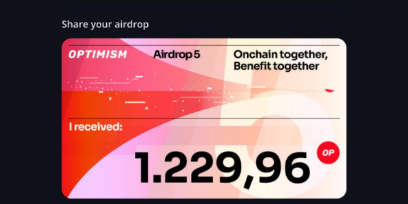 A digital "Share your airdrop" card displays an "Optimism" Airdrop 5 receipt with the tagline "Onchain together, Benefit together," showing a balance of "I received: 1,229,96 OP." The image illustrates the poster's nostalgia about their Optimism (OP) airdrop, which they claim was once worth nearly $3,000 but has since dropped to around $112 as OP trades under 2 digits.