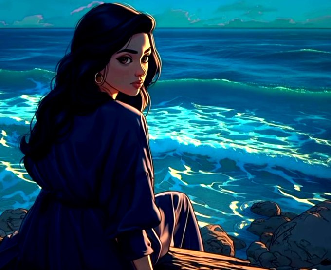 A digital illustration of a dark-haired woman in a dark robe sitting on rocks by the ocean at sunset.