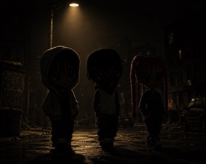 A dark, atmospheric 3D render of three small chibi-style figures standing on a wet city street under a single glowing streetlamp.