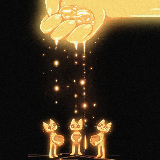 An illustration showing three small cats holding bowls while glowing liquid drips from a large hand above them against a dark background.