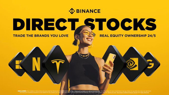 A woman wearing sunglasses poses with her phone displaying the Bitcoin logo, surrounded by several other icons including a T-shirt, a car, and a cell phone. The background of the image reads: "Binance Direct Stocks trade the brands you love Real equity ownership 25%".
