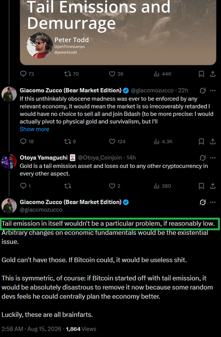 A tweet from Giacomo Zucco (@giacomozucco) arguing that tail emissions alone aren't problematic, but arbitrary changes to economic fundamentals pose the existential issue, while replying to Peter Todd's post about tail emissions and demurrage. The highlighted text reads: "Tail emission in itself wouldn't be a particular problem, if reasonably low. Arbitrary changes on economic fundamentals would be the existential issue."