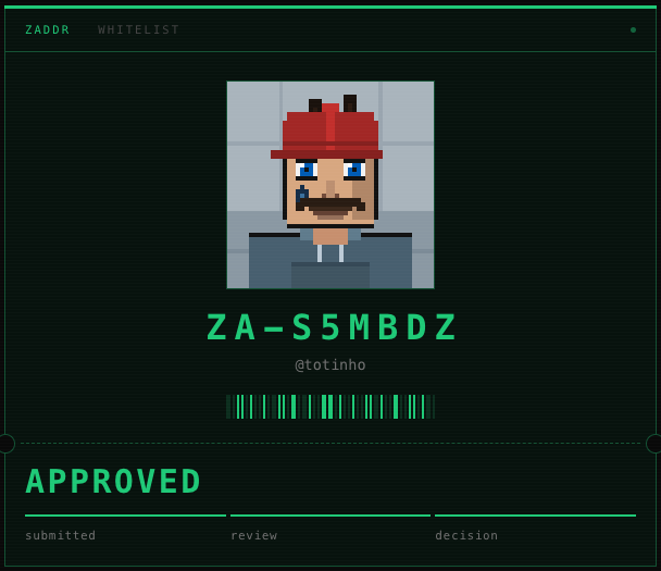 A digital whitelist approval card from ZADDR features a pixel art avatar of a person with a red cap and mustache, displaying the ID 'ZA-S5MBDZ' and the username '@totinho' as 'APPROVED'.
