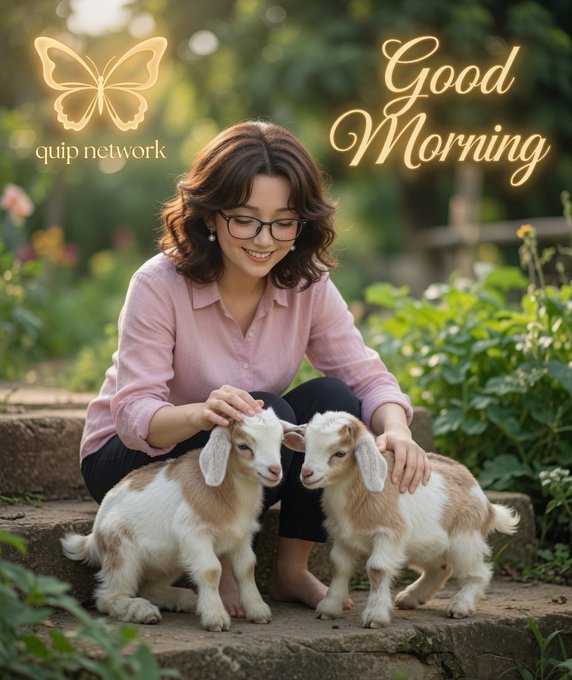 A woman in a pink shirt kneels on stone steps in a garden, petting two small goats, with "quip network" and "Good Morning" text overlaid.