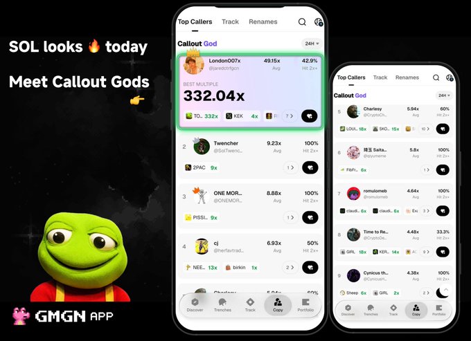 A promotional graphic for "GMGN APP" features the Pepe frog character alongside mobile screenshots displaying a "Callout God" leaderboard showing high multipliers like "332.04x" for "London007x".