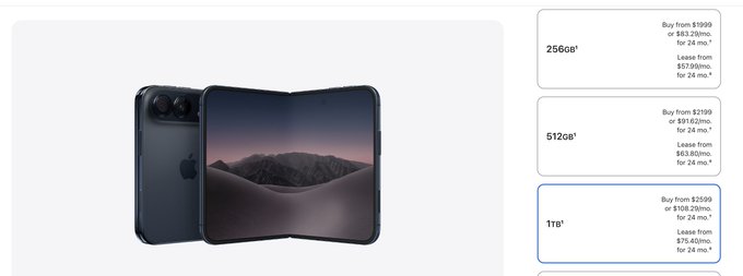 An Apple product page displaying a foldable iPhone concept device in dark blue, with storage options of 256GB, 512GB, and 1TB listed with pricing and monthly lease details.