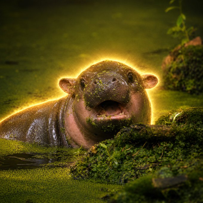 A close-up photograph of a pygmy hippopotamus emerging from green, mossy water with its mouth slightly open, illuminated by golden backlighting.