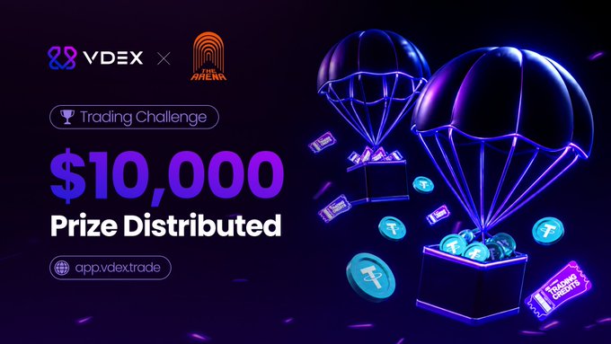 A promotional graphic for a VDEX x ARENA Trading Challenge announcing "$10,000 Prize Distributed" with neon parachute illustrations dropping coins and tickets.