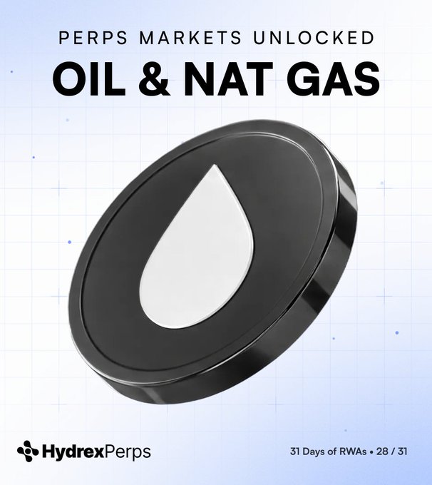 A promotional graphic with the text 'PERPS MARKETS UNLOCKED OIL & NAT GAS' featuring a black 3D coin with a white droplet, branded with the HydrexPerps logo and '31 Days of RWAs • 28 / 31'.