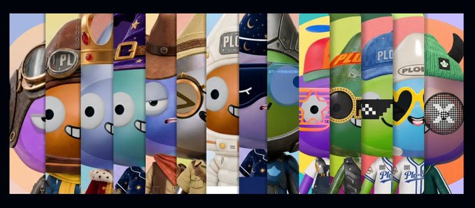 A horizontal strip of cartoon character avatars with various costumes including a pilot, wizard, police officer, soldier, and other themed outfits, some wearing 'PLO' branded items.