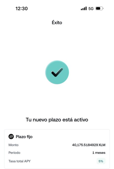 A screenshot from Nexo showing a successful ("Éxito") fixed-term deposit ("Plazo fijo") confirmation, with 40,175.5184929 XLM locked for a 1-month period at a 5% total APY, matching the post's announcement of a new 30-day fixed-term deposit.