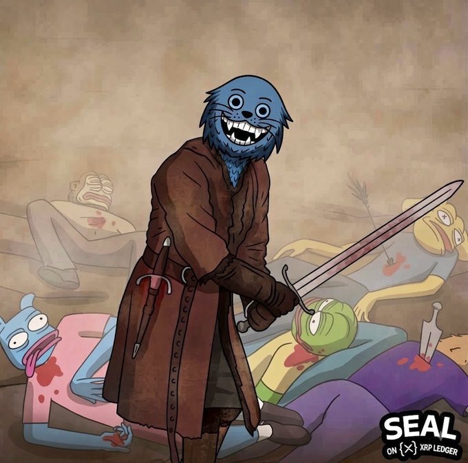 A blue, anthropomorphic seal character in a brown robe stands triumphantly with a sword amidst a pile of defeated, cartoonish enemies, with a logo in the corner reading "SEAL ON {x} XRP LEDGER."